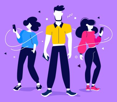 İş sürecinde takım çalışması iletişimi. Renkli arka planda akıllı telefonu olan girişimci iş adamlarının yaratıcı temsili. Web, site, poster, afiş için çalışan insanların düz stil tasarımı