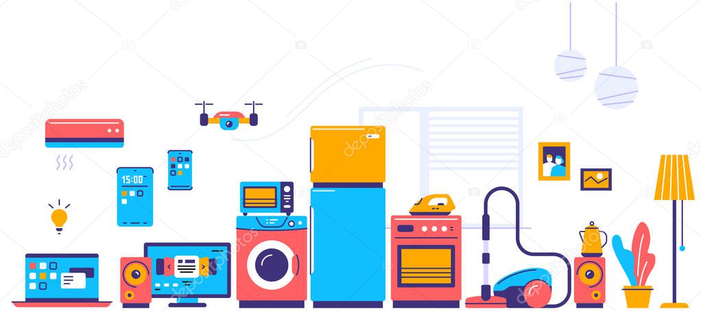 Vector illustration of set of household appliances with washing machine, fridge, stove, laptop, drone. Sale of home domestic electronic appliances on white background. Flat style design for web, banner, advertising, e-mail newsletter