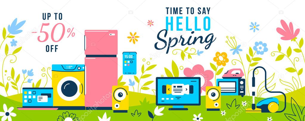 Vector illustration of set of household appliances with washing machine, fridge, vacuum cleaner on white background with flower. Spring seasonal sale of home domestic electronic appliances. Flat style design for web, banner, advertising, e-mail newsl
