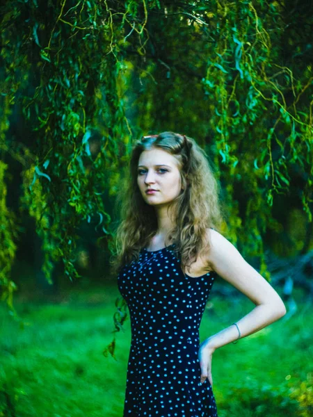 Beautiful blonde girl in a dress on a background of a summer green field — Stock Photo, Image