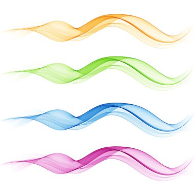 Soyut renk dalgası seti. Renkli duman dalgası. Şeffaf renk dalgası. Mavi, pembe, turuncu, kırmızı. Dalgalı tasarım. Vektör