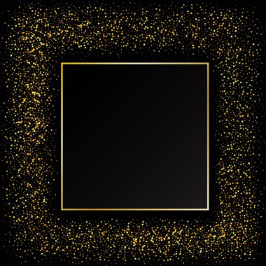 Altın kare çerçeve. Altın parıltılı efekt, neon ışığı, ışık parçacıkları ve yıldız tozu. Tasarım elemanı, sınır. Koyu şeffaf arka planda izole edilmiş. Vektör illüstrasyonu E10