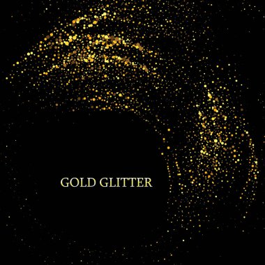 Siyah arka planda altın rengi parıltı dokusu. Altın konfeti patlaması. Siyah arkaplandaki altın taneli soyut doku. Tasarım elemanı. Vektör illüstrasyonu,