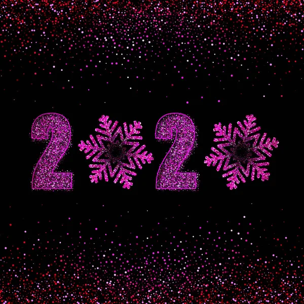 Feliz Ano Novo 2020 design de texto logotipo. Concepção. Ilustração moderna vetorial de texto lilás. Uma inscrição dourada de luxo. Fundo de Natal com borrão, brilho, estrelas, flocos de neve, neve . —  Vetores de Stock