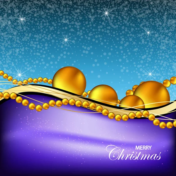 Lusso Elegante Buon Natale e felice anno nuovo Poster Template con brillanti palle d'oro su sfondo blu. Illustrazione vettoriale. Cornice fiocco di neve e scintille. Palle di Natale in oro . — Vettoriale Stock