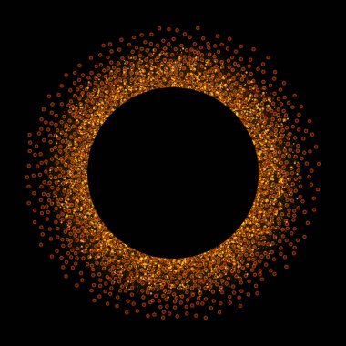 Altın şapırtı ya da parlak yuvarlak bir çerçeve, içi boş yazı için. Düz olmayan küçük noktalardan oluşan altın daire soyut arkaplan.