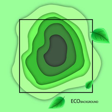 Modern 3D kağıt, sanat şablonunu soyut eğri şekilleriyle, yeşil renkle keser. El ilanları, tavşanlar, sunumlar ve posterler için eko tasarım konsepti. Vektör illüstrasyonu