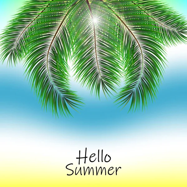 Hello Summer Vector Illustration - Τολμηρό κείμενο με φοίνικες στο εστιασμένο φόντο του ωκεανού — Διανυσματικό Αρχείο