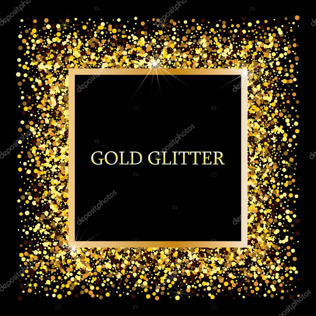 Golden frame on black background. Gold sparkles on black background. Gold glitter background. eps10