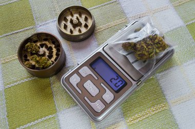 Small digital weighing machine of precision with a plastic bag with two grams of marijuana and grinder with buds. Concept of selling drugs, weighing. clipart