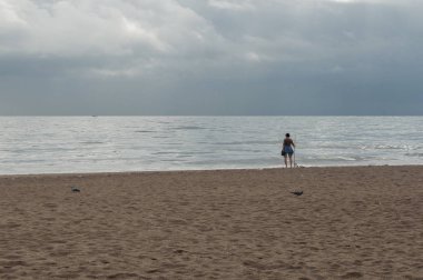 Fırtına yaklaşırken, elinde sopayla denize bakan yalnız bir kadın. Kumsalda bulutlu bir gün ve kumsalda kuşlar. Fırtınalı manzara.