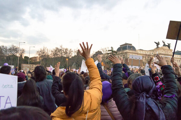 Madrid, Spain - March 8, 2019: Feminist Strike on the Women Day of 2019 in the city center of Madrid, Spain. Feminist demonstration of women, 8M.