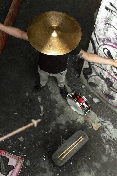 Drummer Grunge Place Cymbal Drum His Head Snare Drum Drumstick Royalty Free Stock Images