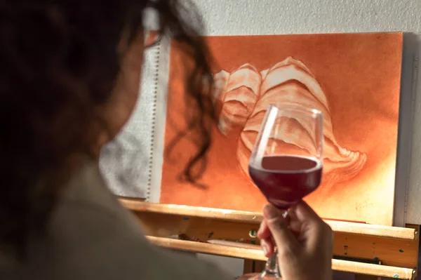 Woman Drinking Glass Wine Celebrate She Has Finished Her Painting Stock Picture