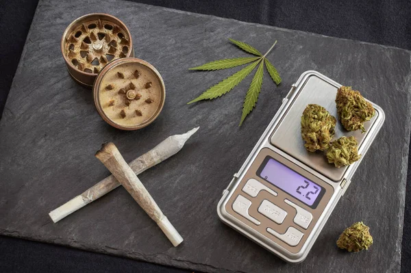 Esrarlı sigaralar sigaraya hazır ve dozu tartmak için dijital ölçekte. Bir gurme kahve dükkanında yüksek kaliteli esrar, öğütücü ve marihuana yaprağı..