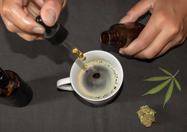 Pouring Cbd Tincture Coffee Cup Natural Remedy Marihuana Person Using — Stock Photo, Image
