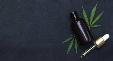 CBD yağı veya tentür siyah arka planda kenevir ile fotokopi alanı bırakılır. Tıbbi marijuana ürünü..