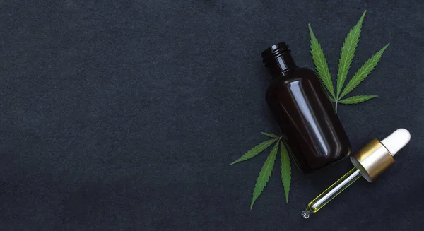 CBD yağı veya tentür siyah arka planda kenevir ile fotokopi alanı bırakılır. Tıbbi marijuana ürünü..