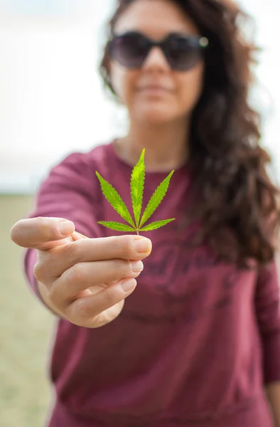 Unrecognizable Female Casual Clothes Demonstrating Green Cannabis Leaf Camera While — Stock Photo, Image