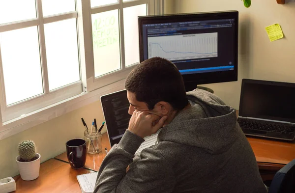 Bored Disinterested Young Man Working Home Small Office Home Telework — Stock Photo, Image