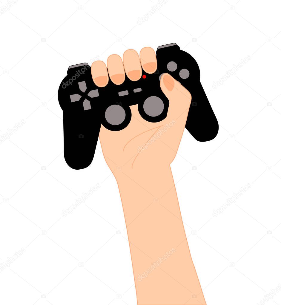 Arm holding in high a black video games controller isolated on white. Gamer concept of victory. Gamepad with red light, buttons and joysticks.