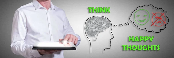 Happy thoughts concept with man using a tablet — Stock Photo, Image