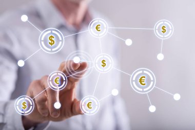 Finansal ağ bir dokunmatik ekran üzerinde dokunmadan adam