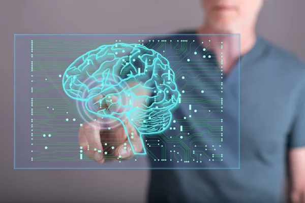 Man vidrör en artificiell intelligens koncept på touch scree — Stockfoto