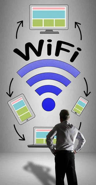 Wi-Fi έννοια παρακολούθησαν από τον επιχειρηματία — Φωτογραφία Αρχείου