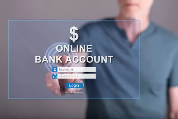 Man touching an online bank account website on a touch screen — Stock Photo, Image