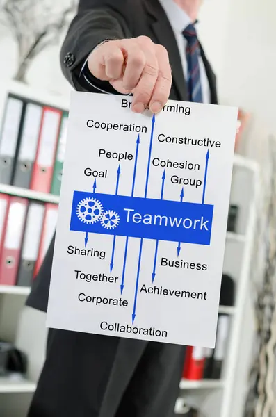 Teamwork konceptet visas av en affärsman — Stockfoto