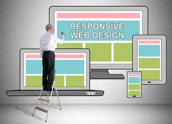 Responsive design concept drawn by a man on a ladder — Stock Photo, Image