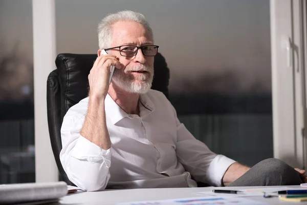 Retrato de un hombre de negocios mayor barbudo hablando por teléfono móvil , — Foto de Stock