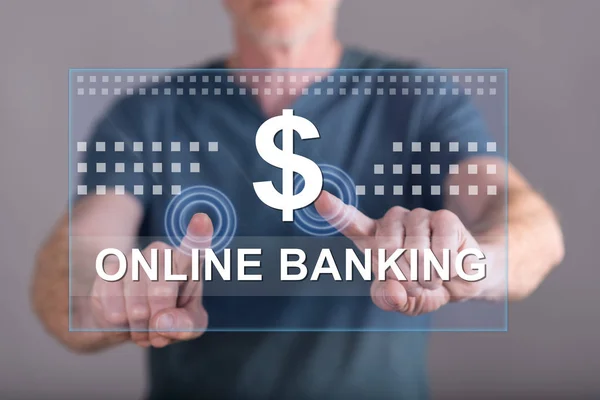 Un bărbat atinge un concept bancar online pe un ecran tactil — Fotografie, imagine de stoc