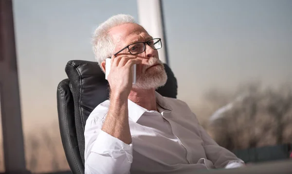 Retrato de un hombre de negocios mayor barbudo hablando por teléfono móvil , — Foto de Stock