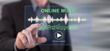 Adam bir dokunmatik ekran üzerinde bir online müzik konsepti dokunmadan