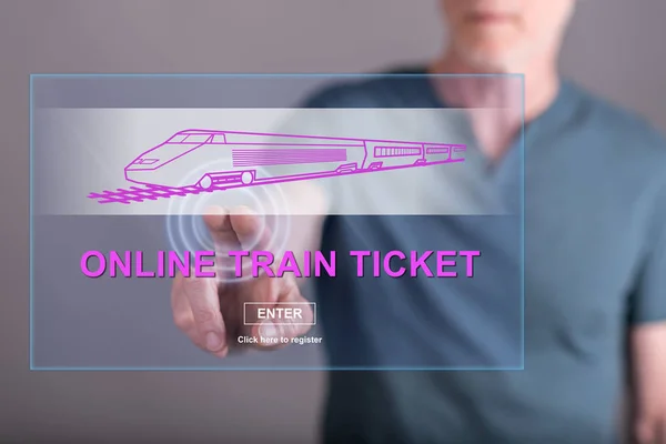 Muž dotýká nápaditým lístek online vlak na dotykové obrazovce — Stock fotografie