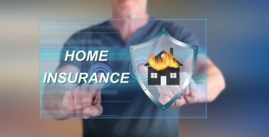 Adam bir dokunmatik ekran üzerinde bir ev sigorta kavramı dokunmadan