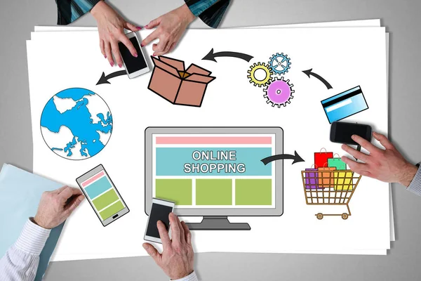 Online shopping concept geplaatst op een bureau — Stockfoto