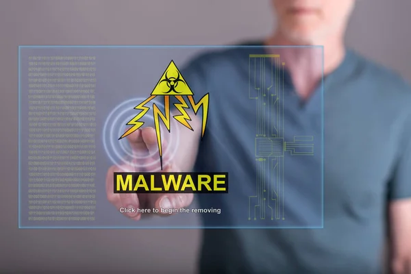 Mann berührt Malware-Konzept auf einem Touchscreen — Stockfoto