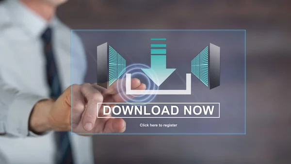 Man raakt van een concept van de download op een touchscreen — Stockfoto