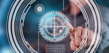 Adam bir virtuel teknoloji kavramı bir dokunmatik ekran üzerinde dokunmadan