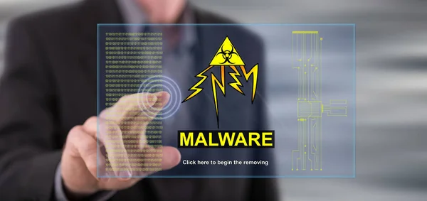 Homme touchant un concept de malware sur un écran tactile — Photo