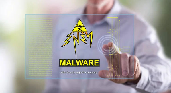 Homme touchant un concept de malware sur un écran tactile — Photo