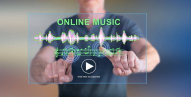 Adam bir dokunmatik ekran üzerinde bir online müzik konsepti dokunmadan
