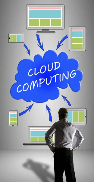 Cloud-Computing-Konzept von einem Geschäftsmann beobachtet — Stockfoto