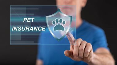 Man touching a pet insurance concept on a touch screen clipart