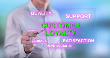 Adam bir dokunmatik ekran üzerinde bir müşteri sadakat kavram dokunmadan