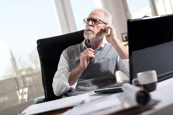 Porträtt av skäggiga senior affärsman talar på mobiltelefon, — Stockfoto