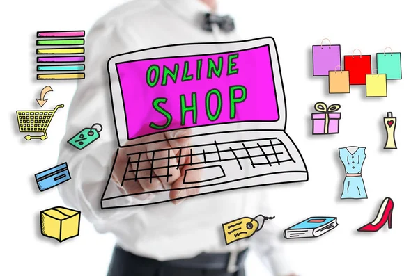 Online-shop concept getoond door een man — Stockfoto